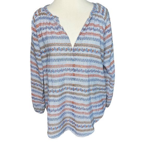 Roberta Roller‎ Rabbit V Neck Striped Floral Long Sleeve Cotton Top Size Small - Picture 1 of 12